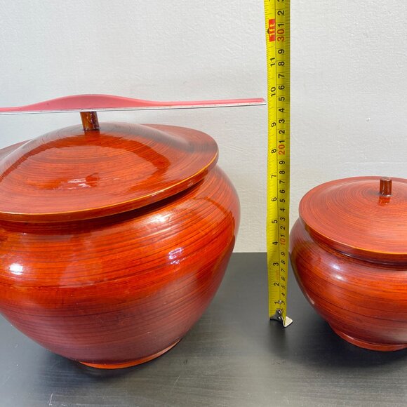 Wooden Jar with Lid, Wood Container, Set of Two, VIETNAM, Vintage, Brown, Money - Picture 6 of 10